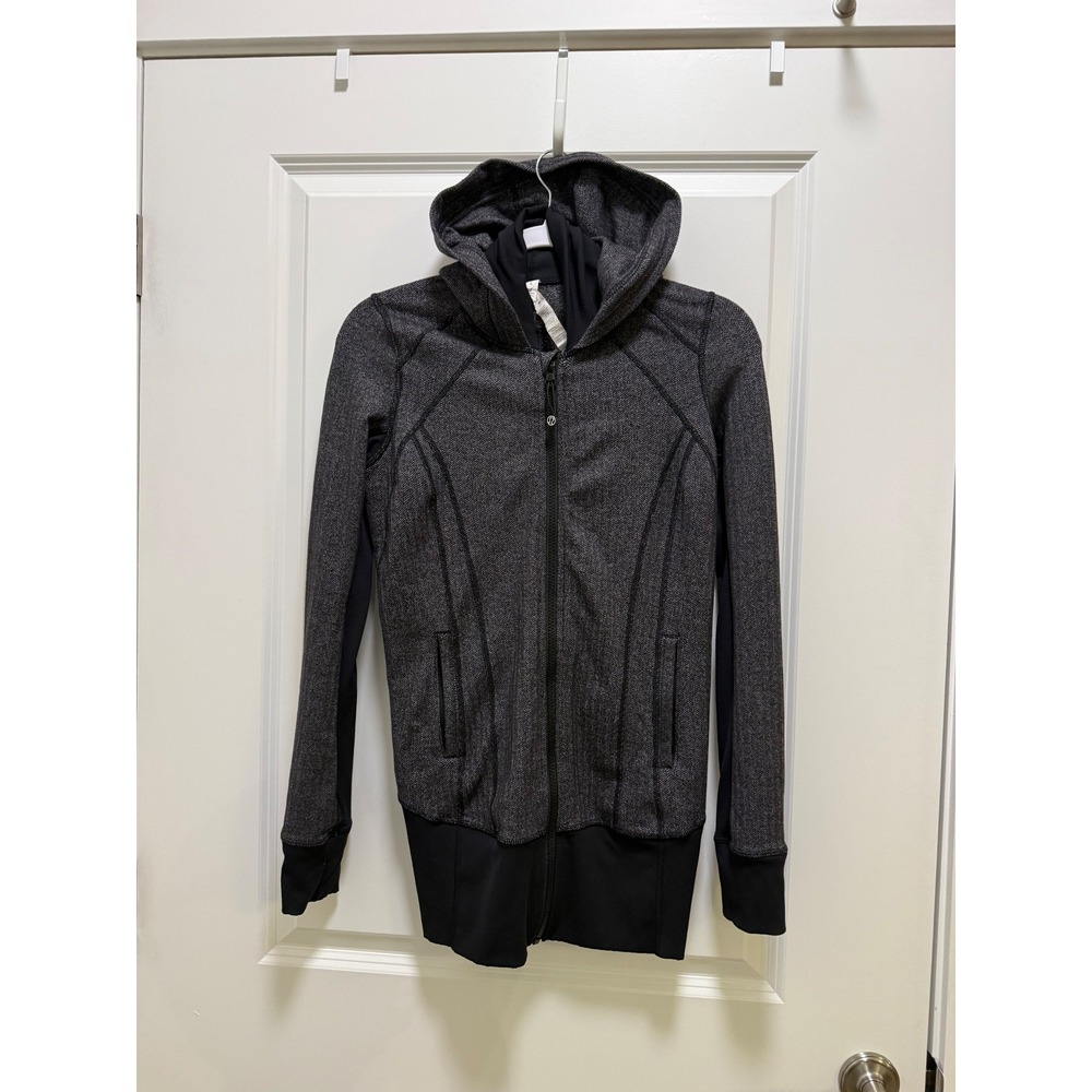 Lululemon Herringbone Full Zip Hoodie Grey Black Size 6 Athletic Jacket